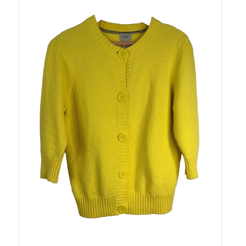 VTG LL Bean Yellow Cardigan Sweater L Crochet Cotton Old Money Preppy Easter Y2K - Picture 2 of 11